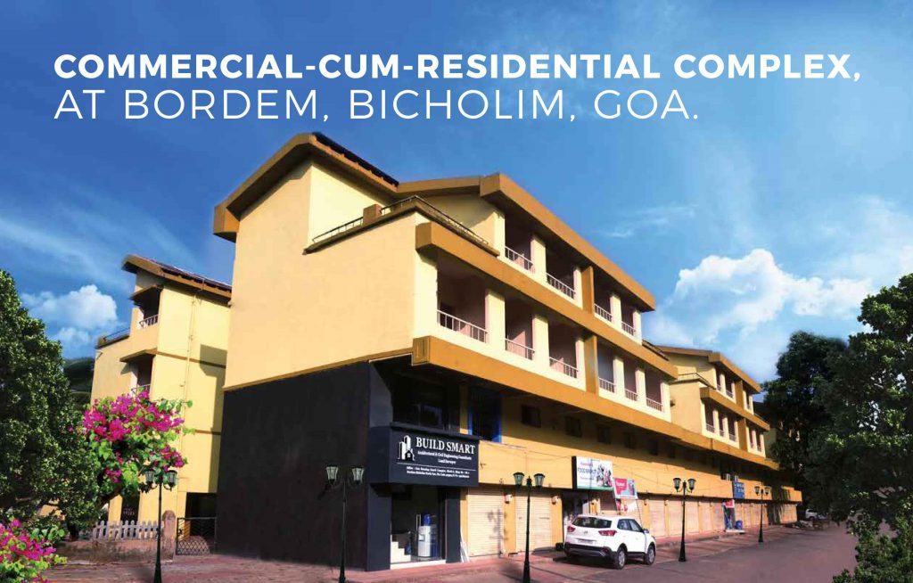 Architectural render of the Bicholim commercial and residential complex with shop fronts at street level and apartments above.