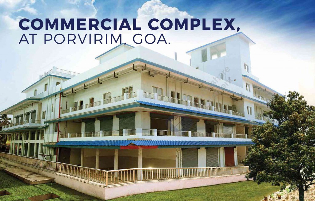 Architectural render of the Porvorim commercial complex featuring shop frontages, office floors and parking.